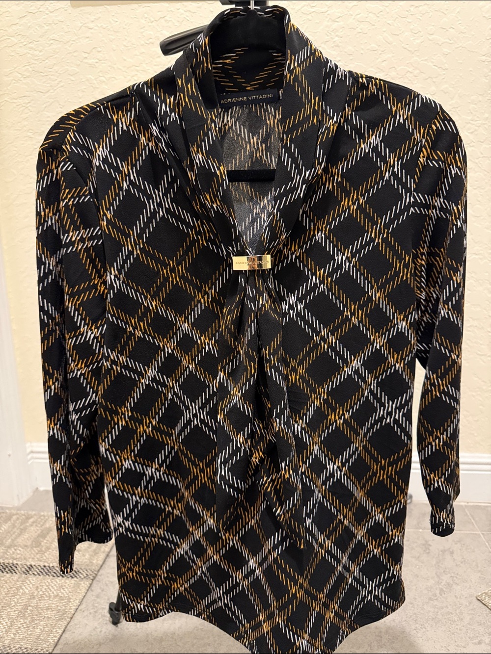 Adrienne Vittadini Black Plaid Knit Blouse with Gold Accent
